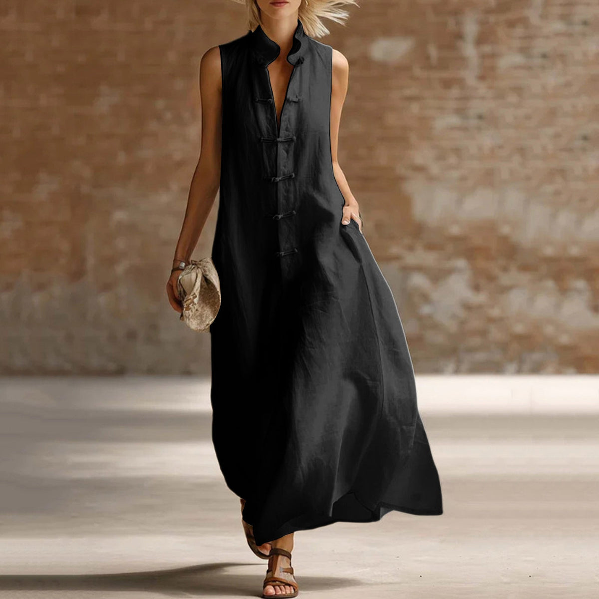 Sophie | Women’s Maxi Dress | Mandarin Collar Loop Fastenings Summer Wear — image 08 — MAREACO