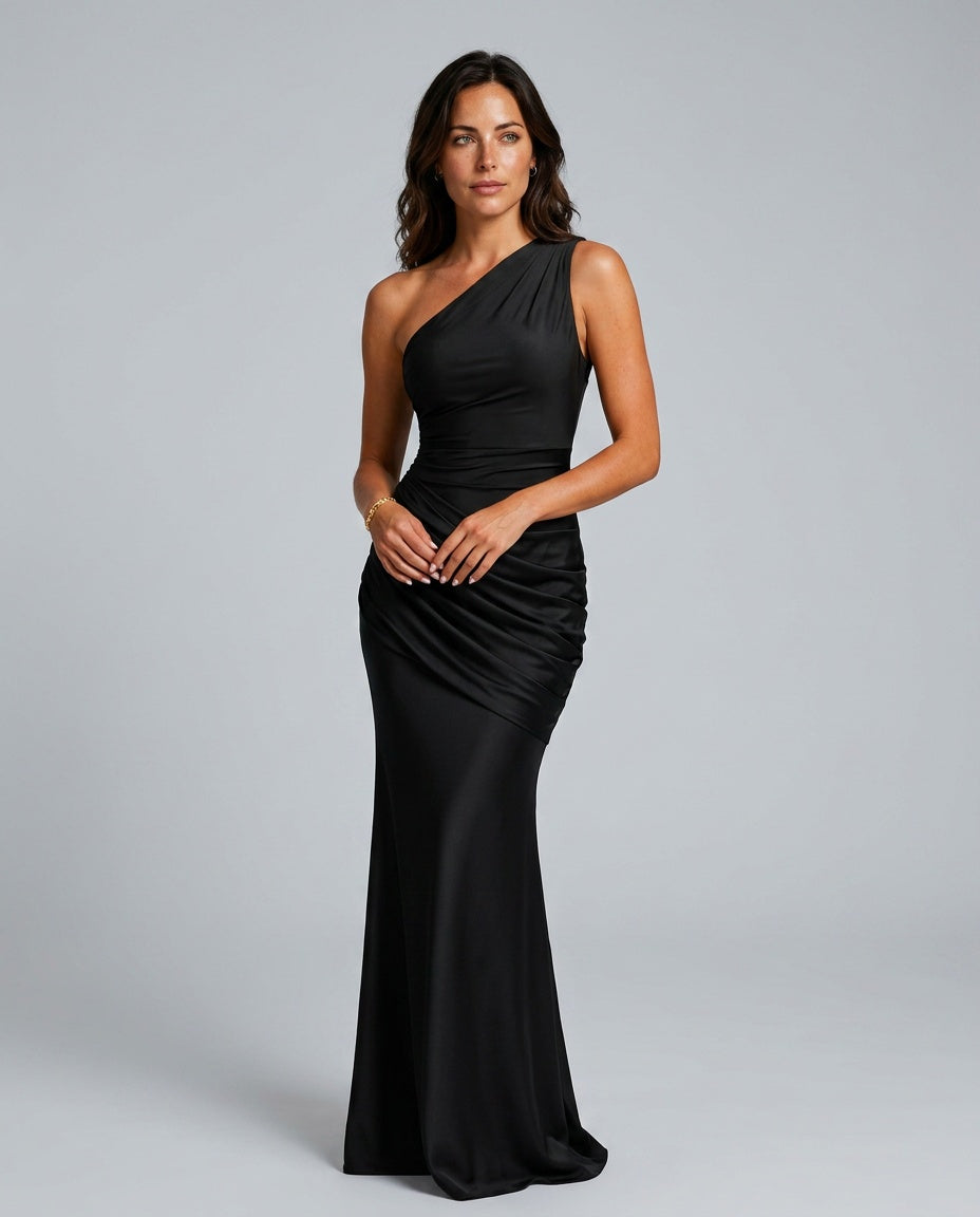 Sophie | Women’s Maxi Dress | One Shoulder Gathered Waist Evening Wear — image 01 — MAREACO