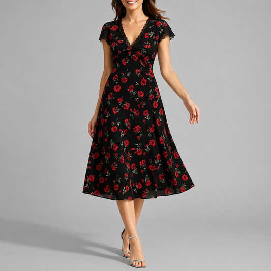 Sophie | Women’s Midi Dress | Floral Print Trimmed Sleeves Occasion Wear — image 01 — MAREACO