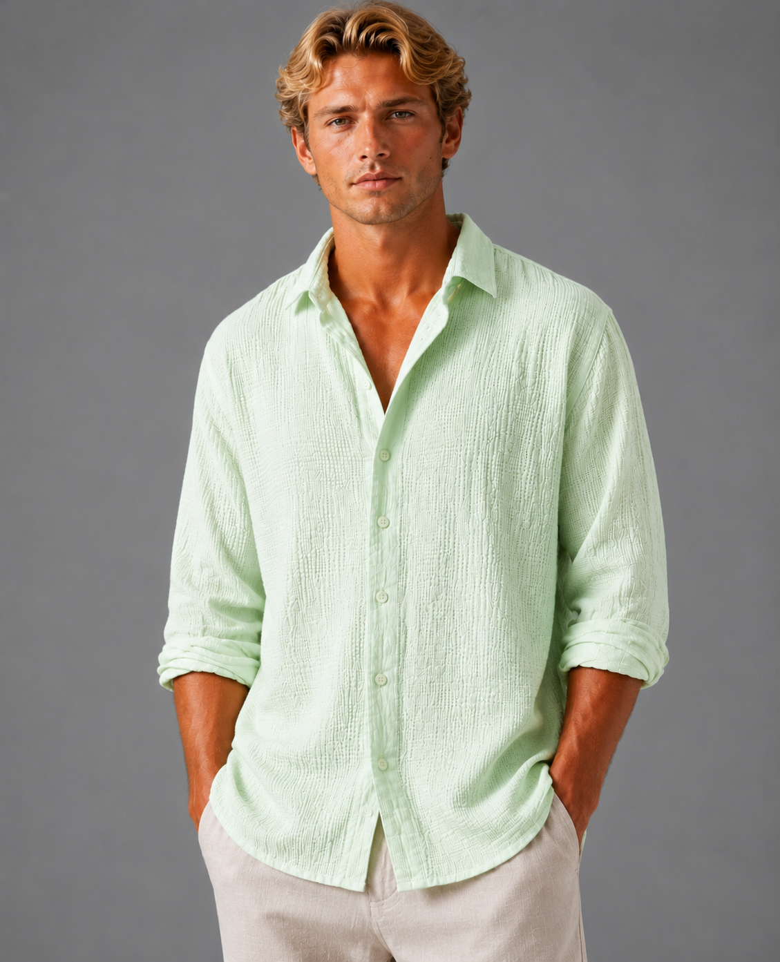 William | Men’s Shirt | Button Front Long Sleeves Summer Wear — image 05 — MAREACO